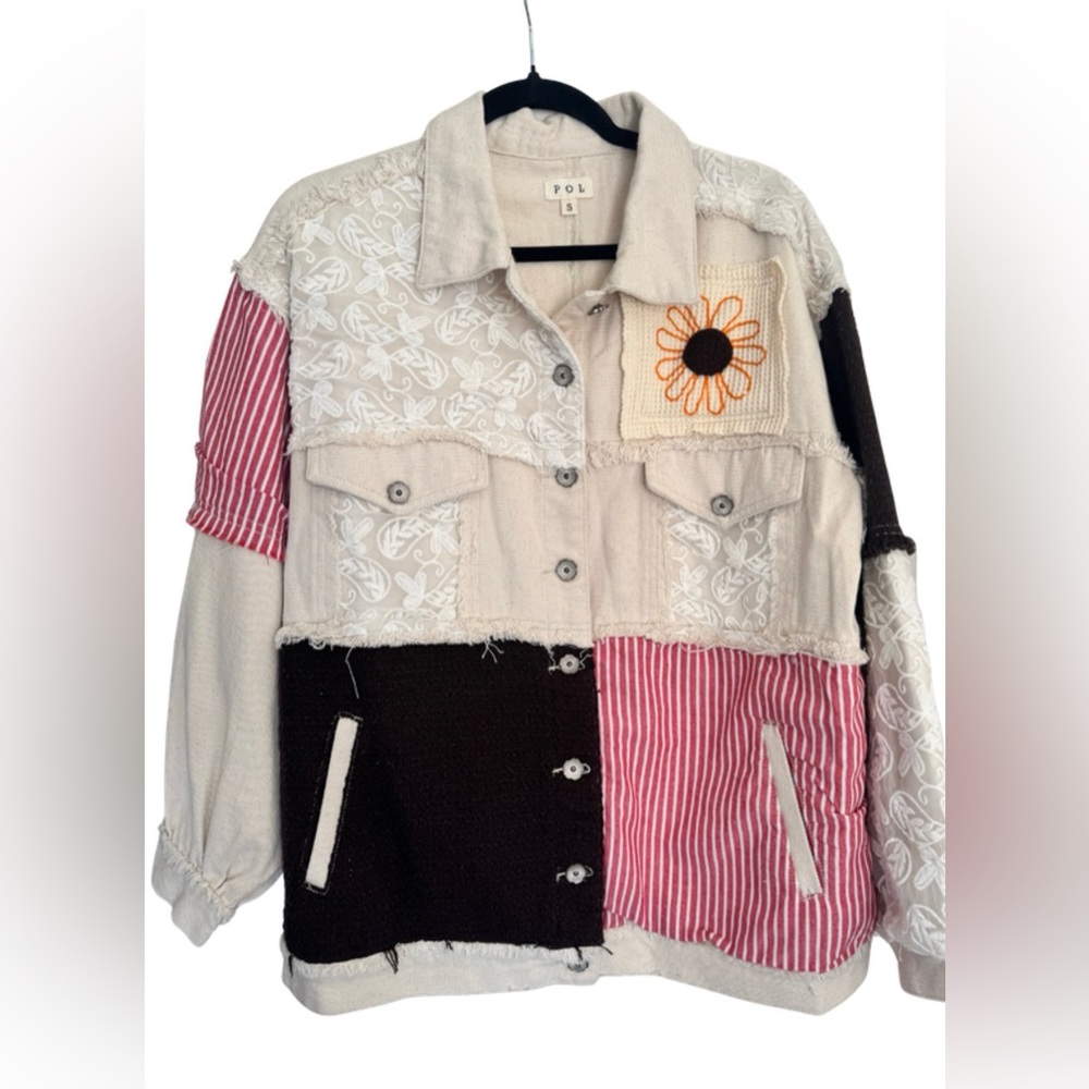 POL Cream Patchwork Twill Jacket w Lace & Sunflower Details Size Small